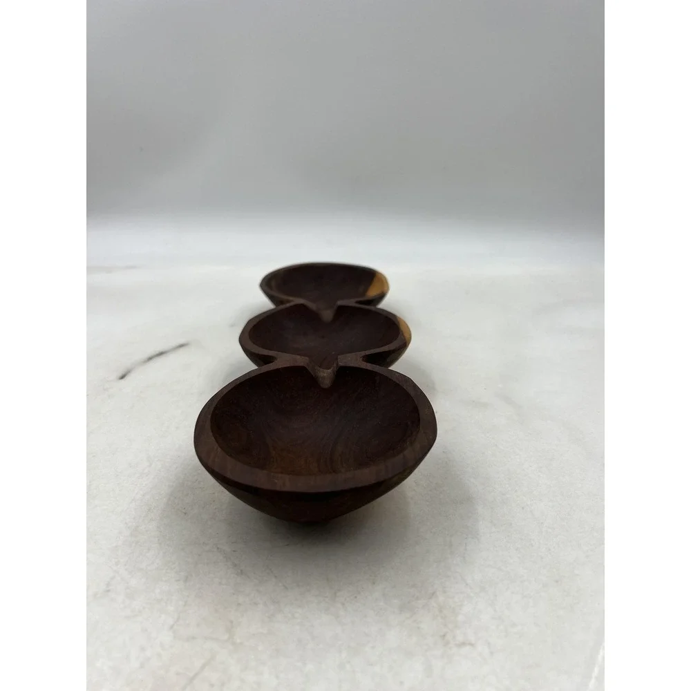 VTG Wooden Serving Tray Nut Dish Hand Carved 3 Section Live Edge Dark Wood